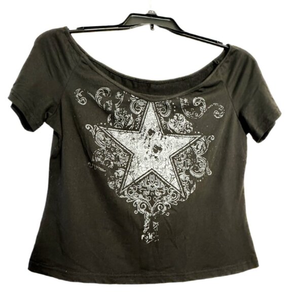 ROMWE Black Off Shoulder Star Print Top Size XL | Y2K Grunge Graphic Tee - Picture 2 of 4